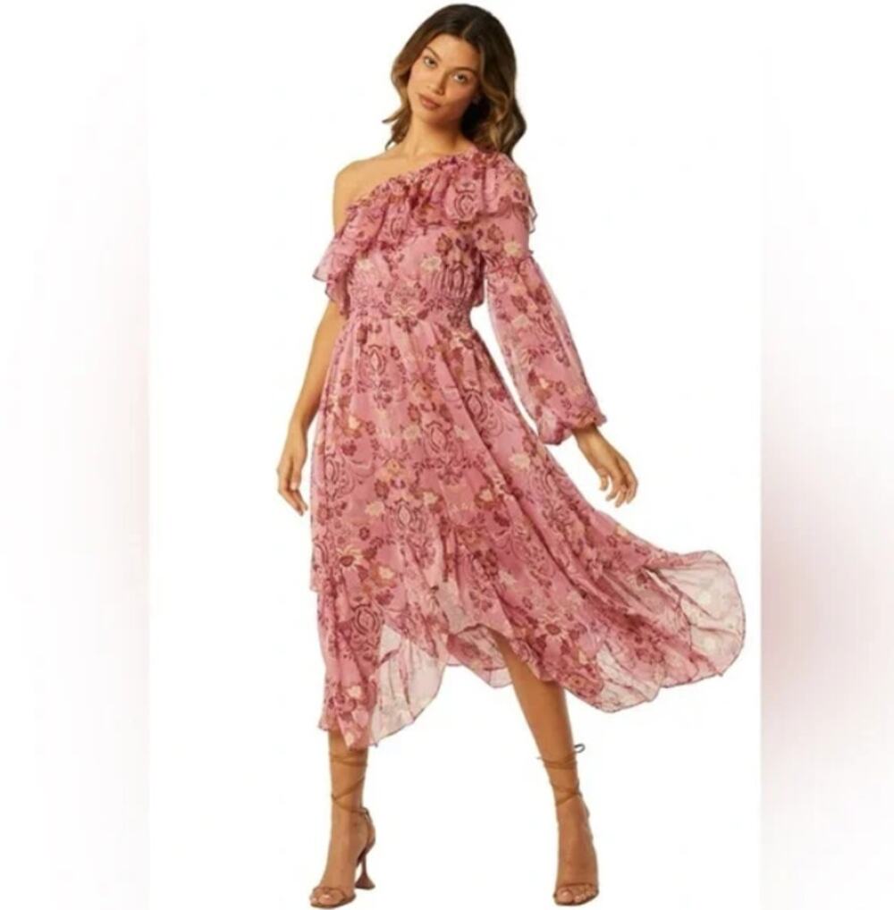 Misa Los Angeles Vola One-Shoulder Ruffle Midi Dress size M
